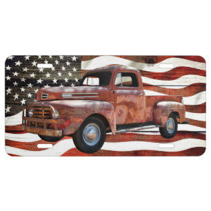 Vintage Red Truck American Flag License Plate