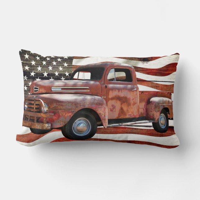 Vintage Red Truck American Flag Lumbar Pillow (Front)