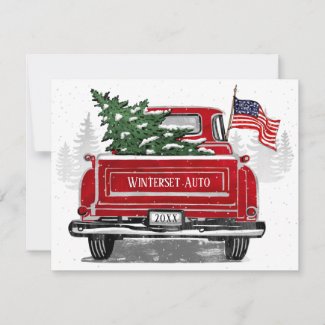 Vintage Red Truck American Flag Patriotic Business Holiday Card