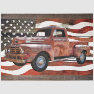 Vintage Red Truck American Flag Rustic Barn Board Tissue Paper