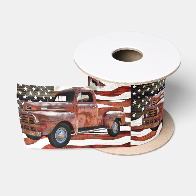 Vintage Red Truck American Flag Satin Ribbon (Spool)