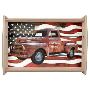 Vintage Red Truck American Flag Serving Tray
