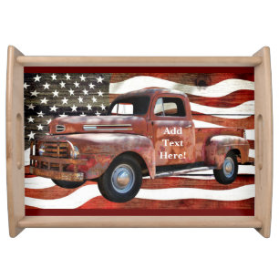 Vintage Red Truck American Flag Serving Tray