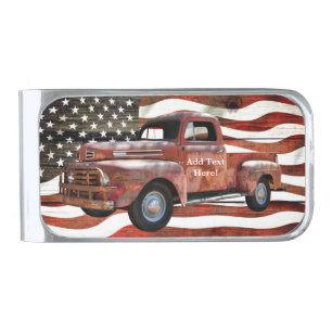 Vintage Red Truck American Flag Silver Finish Money Clip