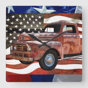 Vintage Red Truck American Flag Square Wall Clock