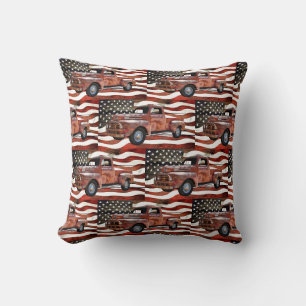 Vintage Red Truck American Flag Throw Pillow