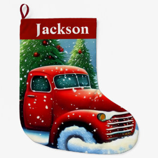 Vintage Red Truck and Christmas Trees Cute Snow Large Christmas Stocking