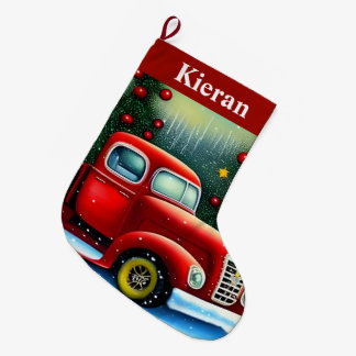 Vintage Red Truck and Christmas Trees Cute Snow Large Christmas Stocking