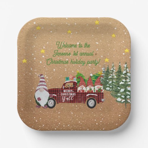 Vintage Red Truck and Gnomes Christmas Party  Paper Plates