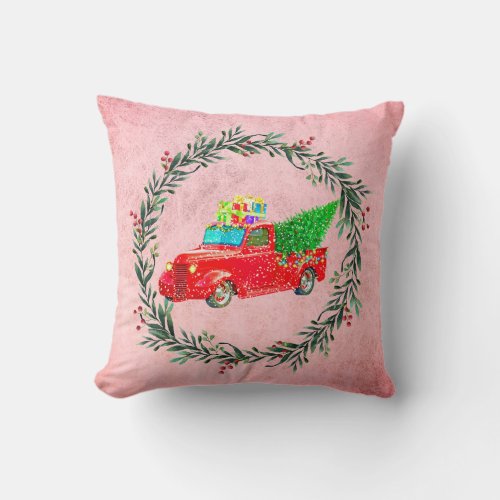 Vintage Red Truck And Holly Wreath Christmas Pink Throw Pillow