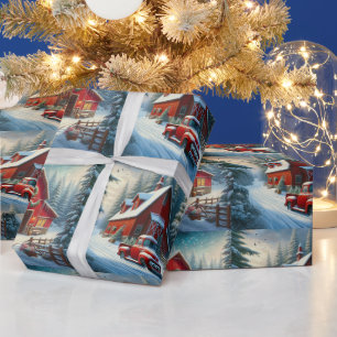 Vintage Red Truck and Red Barn Christmas Wrapping Paper