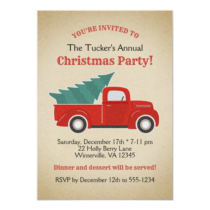 Vintage Red Truck And Tree Christmas Party Invitation Zazzle Com