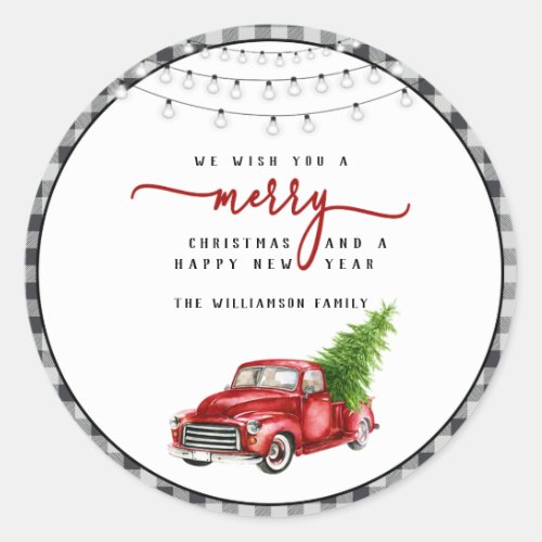 Vintage Red Truck and Tree Christmas Sticker 