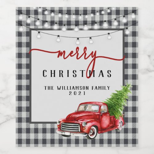 Vintage Red Truck and Tree Family Name Christmas  Wine Label