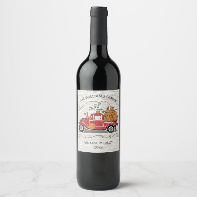 Vintage Red Truck Autumn Pumpkins Rustic Wine Label (Front)