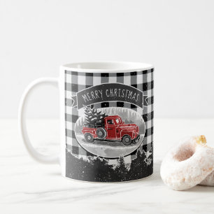 Vintage Red Truck Black Buffalo Plaid Christmas Coffee Mug