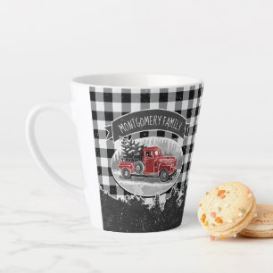 Vintage Red Truck Black Buffalo Plaid Family Name Latte Mug