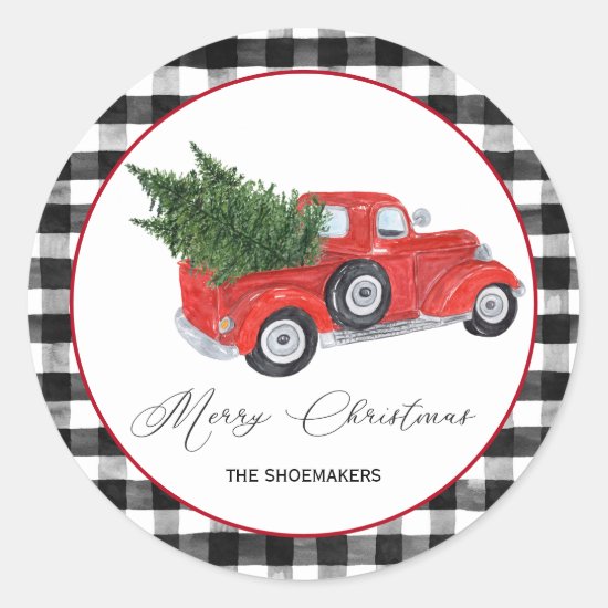 Vintage Red Truck Buffalo Check Christmas Classic Round Sticker