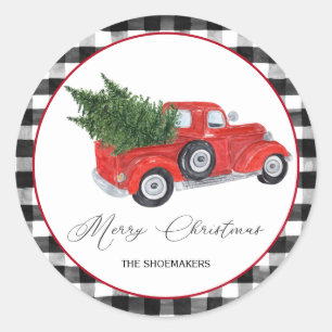 Vintage Red Truck Buffalo Check Christmas Classic Round Sticker