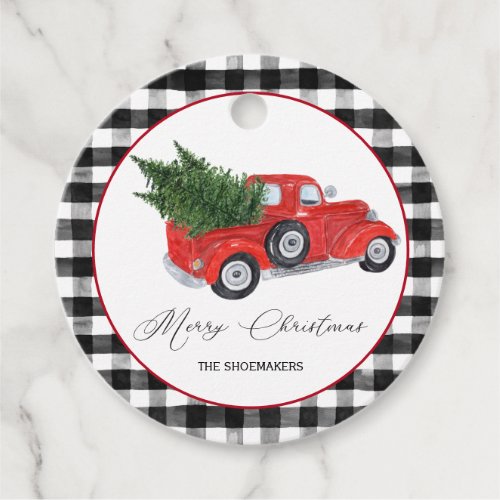 Vintage Red Truck Buffalo Check Christmas Favor Tags