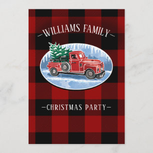 Vintage Red Truck Buffalo Plaid Christmas Party In Invitation