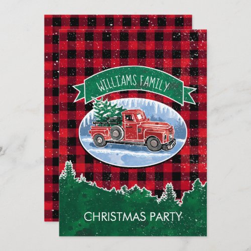 Vintage Red Truck Buffalo Plaid Christmas Party Invitation