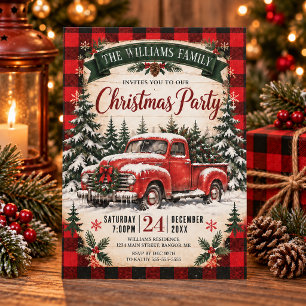 Vintage Red Truck Buffalo Plaid Christmas Party Invitation