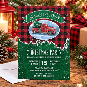 Vintage Red Truck Buffalo Plaid Christmas Party Invitation