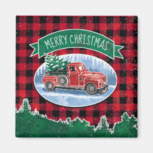 Vintage Red Truck Buffalo Plaid Merry Christmas Magnet