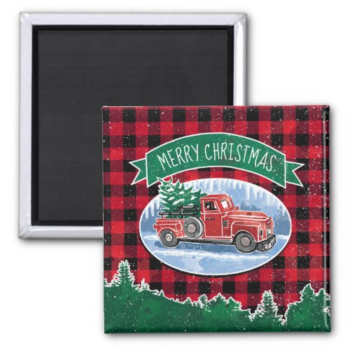 Vintage Red Truck Buffalo Plaid Merry Christmas Magnet