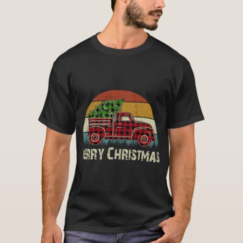 Vintage Red Truck Buffalo Plaid With Merry Christm T_Shirt