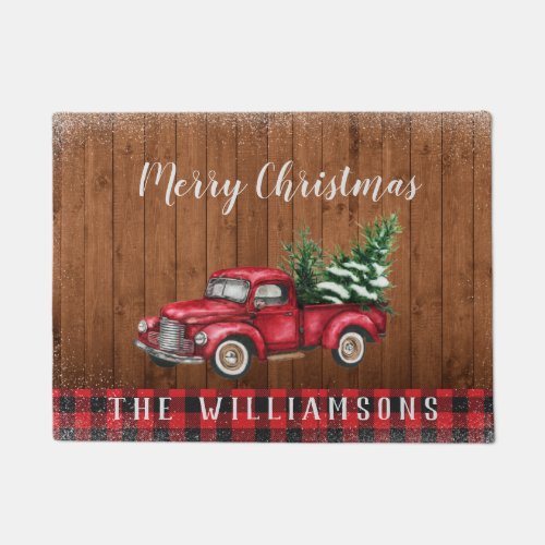 Vintage Red Truck Buffalo Plaid Wood Family Name Doormat