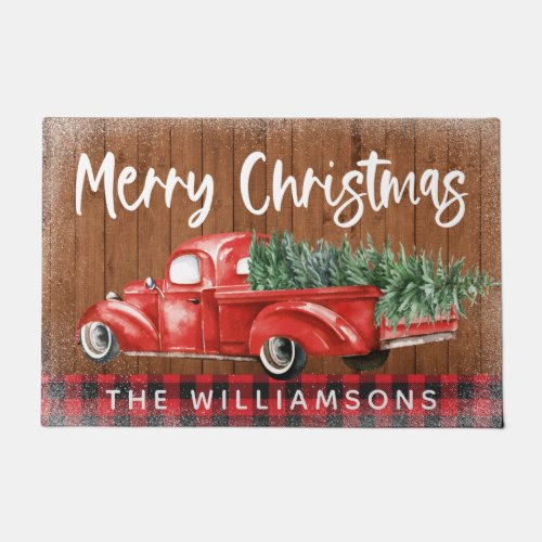 Vintage Red Truck Buffalo Plaid Wood Family Name Doormat
