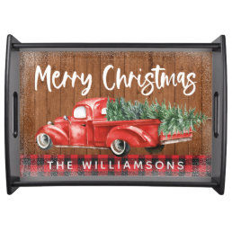 Vintage Red Truck Buffalo Plaid Wood Family Name Serving Tray