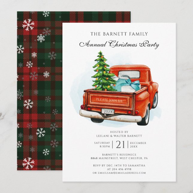 Vintage Red Truck Business Christmas Party Invitation (Front/Back)