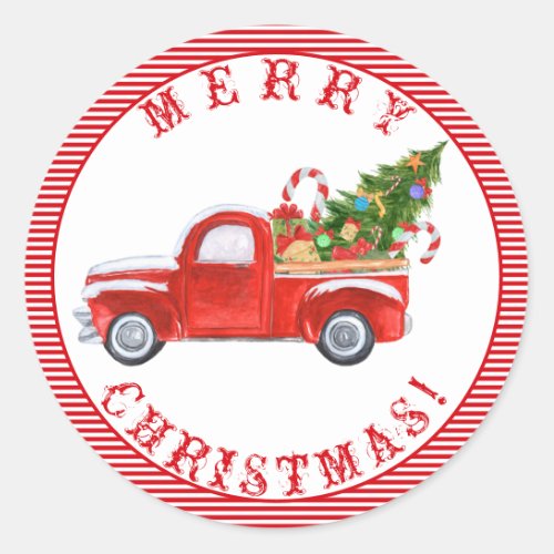 Vintage Red Truck Candy Stripe Christmas Holiday Classic Round Sticker