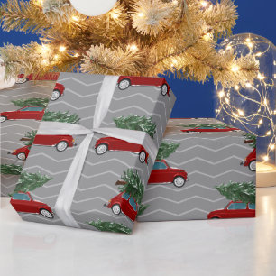 Vintage Red Truck Car Christmas Tree Gray Chevron Wrapping Paper