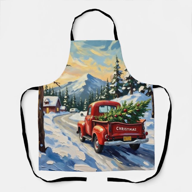 Vintage Red Truck Carrying Christmas Tree Apron (Front)