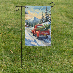 Vintage Red Truck Carrying Christmas Tree Garden Flag