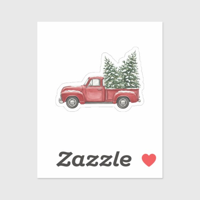 Vintage Red Truck Carrying Snowy Christmas Tree Sticker (Sheet)