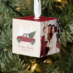 Vintage Red Truck Christmas 3 Photo Cube Ornament at Zazzle