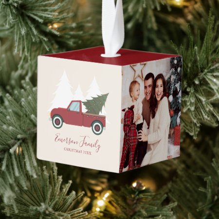 Vintage Red Truck Christmas 3 Photo Cube Ornament