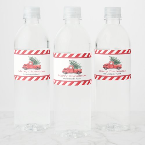 Vintage Red Truck Christmas Holiday Candy Cane Water Bottle Label