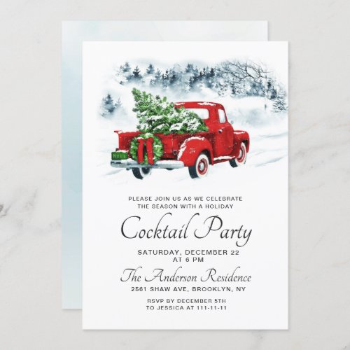 Vintage Red Truck Christmas Holiday Cocktail Party Invitation