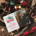Vintage Red Truck Christmas Holiday Photo<br><div class="desc">Rustic christmas winter theme card featuring a simple white background,  watercolor spruce trees,  a vintage red truck,  a xmas tree,  a family photo,  and your own personalized xmas message.</div>