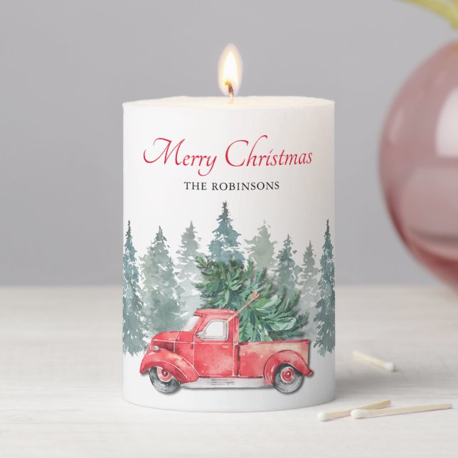 Vintage Red Truck Christmas Holiday Pillar Candle (In Situ)
