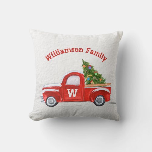 Vintage Red Truck Christmas Monogram Family Name Throw Pillow