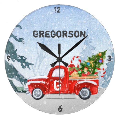 Vintage Red Truck Christmas Monogram Name Large Clock