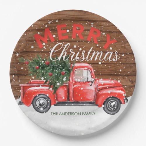 Vintage Red Truck Christmas Paper Plates