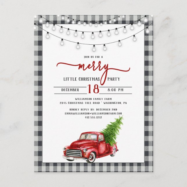 Vintage Red Truck Christmas Party Invitation  Postcard (Front)